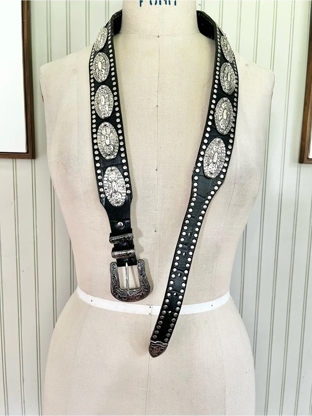 Authentic Vintage Leather Concho Western Black & Silver Belt